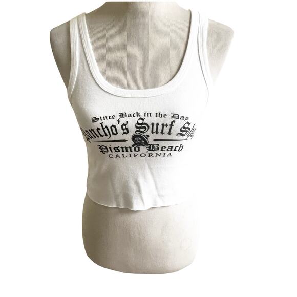 Vintage Pancho’s Surf Shop Women’s Cropped Tank White Black Logo Large Pismo - Picture 1 of 10